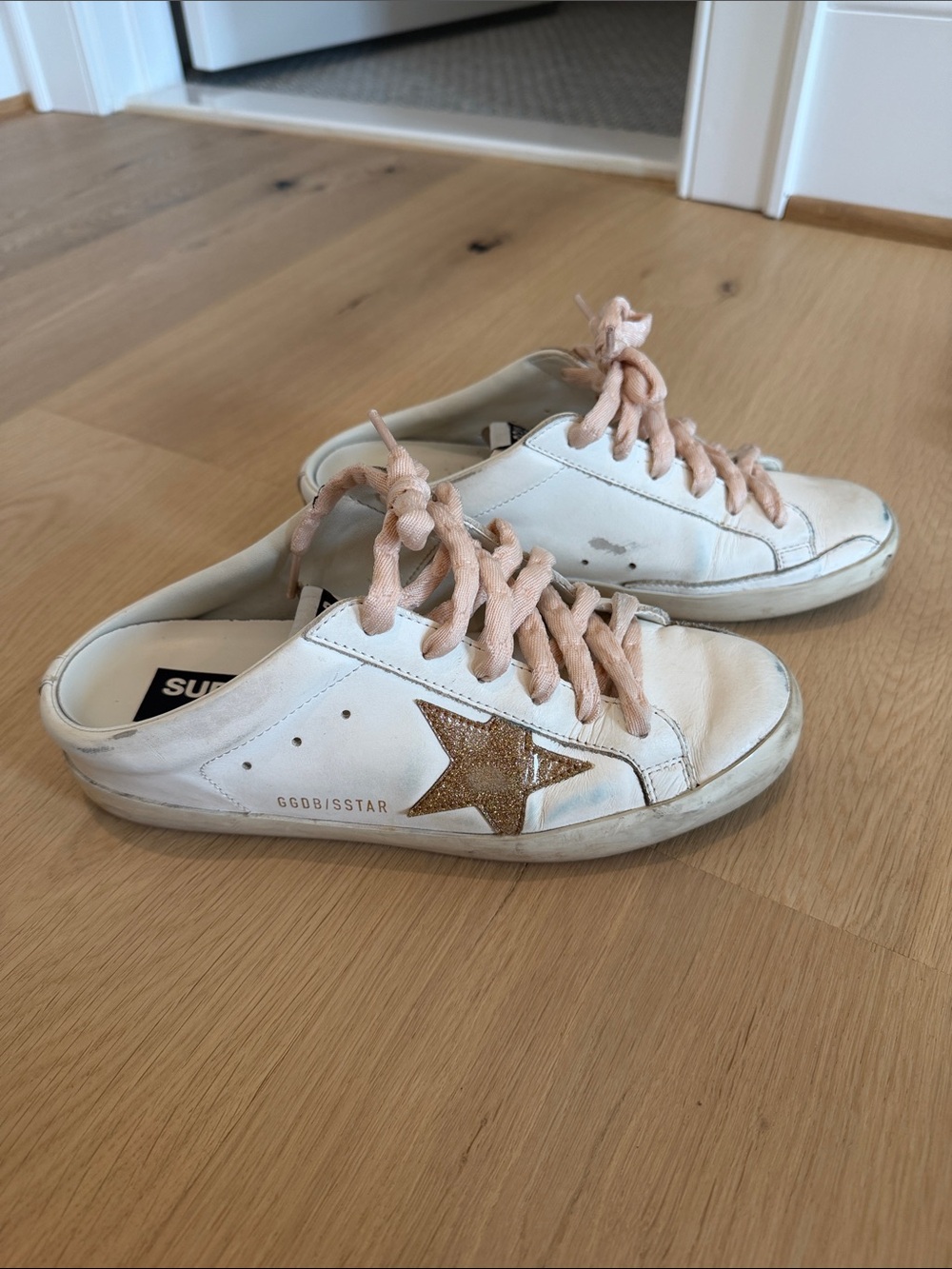 Golden Goose White Slip-On Low-Top Sneaker with Pink Laces and Gold Glitter Star